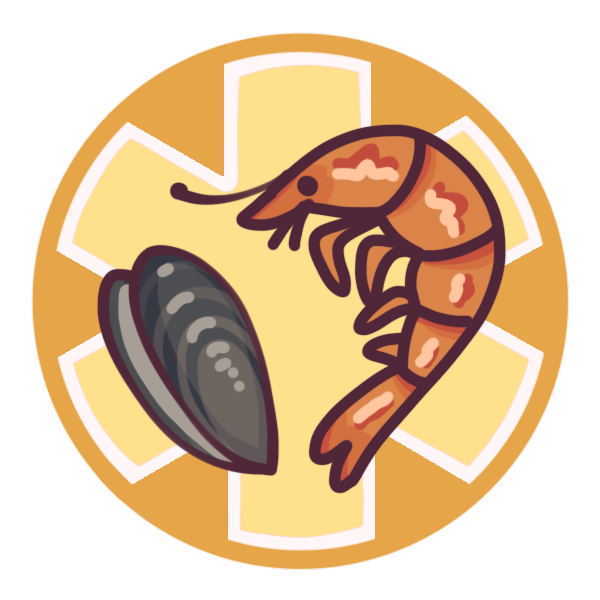 a yellow circle with a large medical alert asterisk inside it, and an oyster and a shrimp pictured in the center.